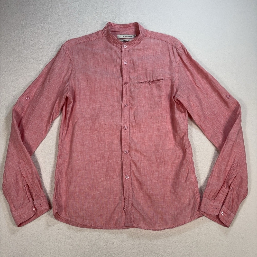 Celio Gamao 100% Linen Shirt Men's S Pink Regular Fit Band Collar Pocket Roll-Up